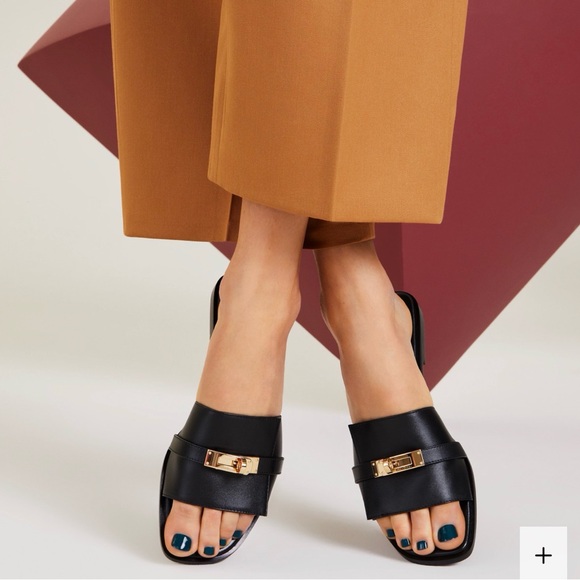 Hermes Shoes - Hermes Giulia Black Slide Sandals with Gold Clasp